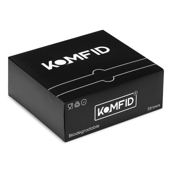 Black box with 'KOMFID' branding and biodegradable text on a white background