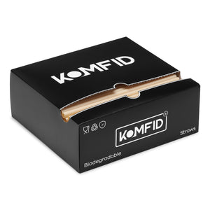 Black box of KOMFID straws with visible branding on a white background